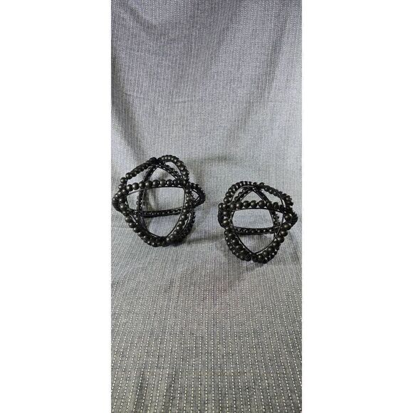 2 Black Wooden Bead & Metal Orb Sculptures - Picture 2 of 7